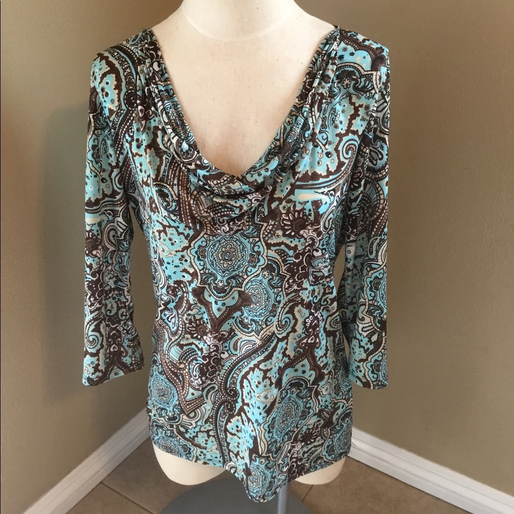 Dressbarn turquoise/brown 3/4sleeve blouse top